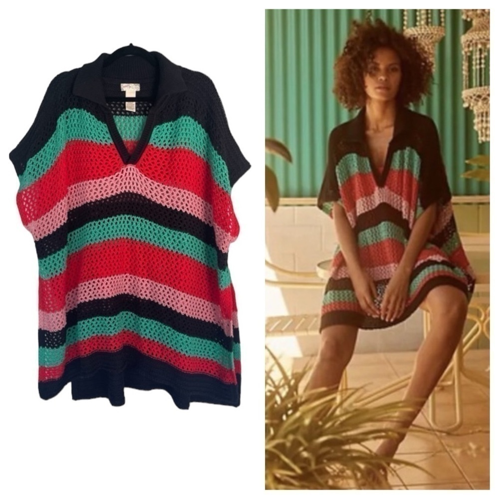 Free People Boho Bayside Striped Crochet Knit Poncho Slouchy Women’s One Size